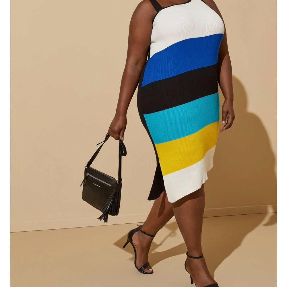Avenue Asymmetrical Striped Dress - Blue, Black, Yellow